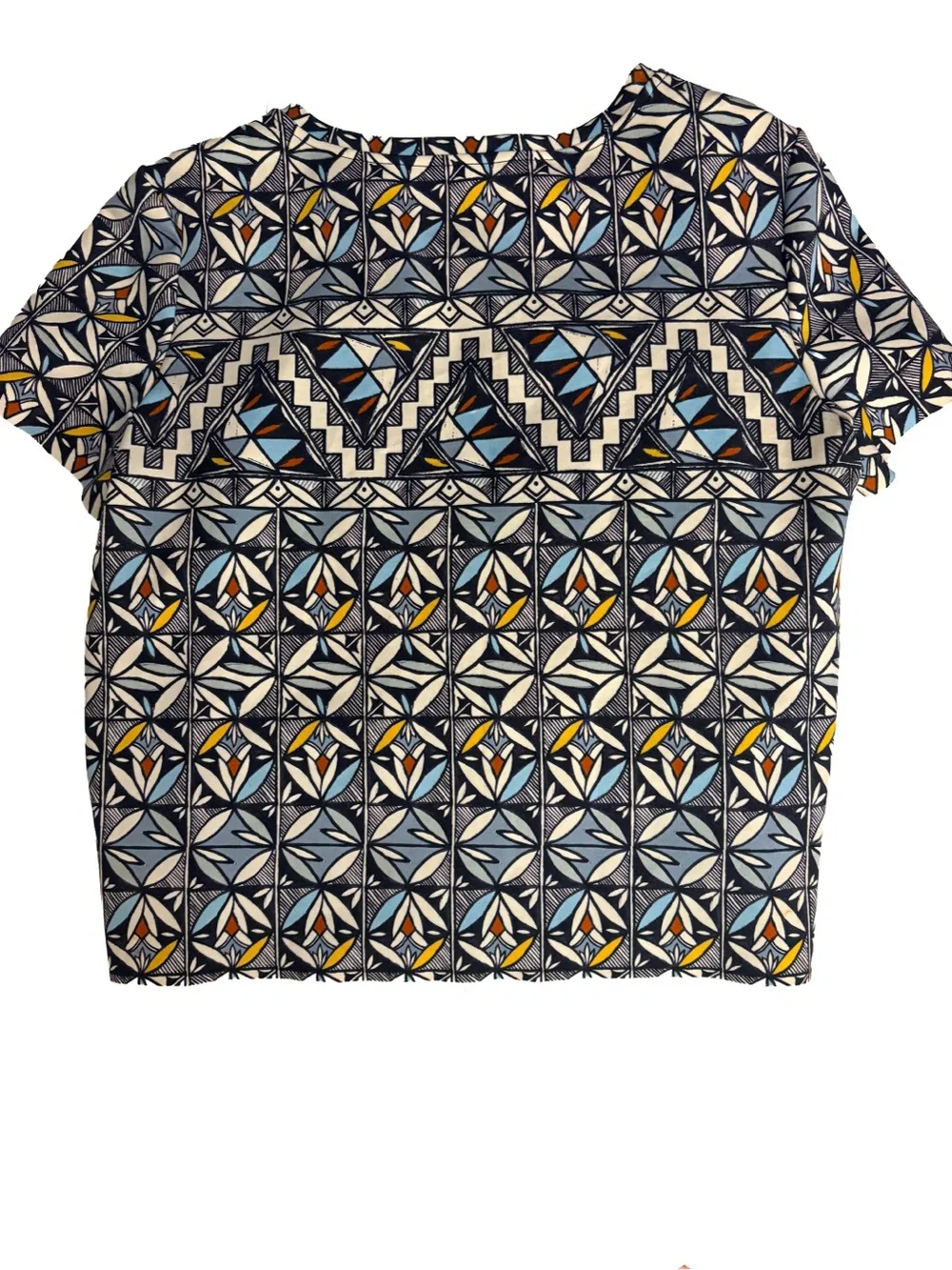 Tory Burch Geometric Print Short Sleeve Top Size M Navy Blue Orange